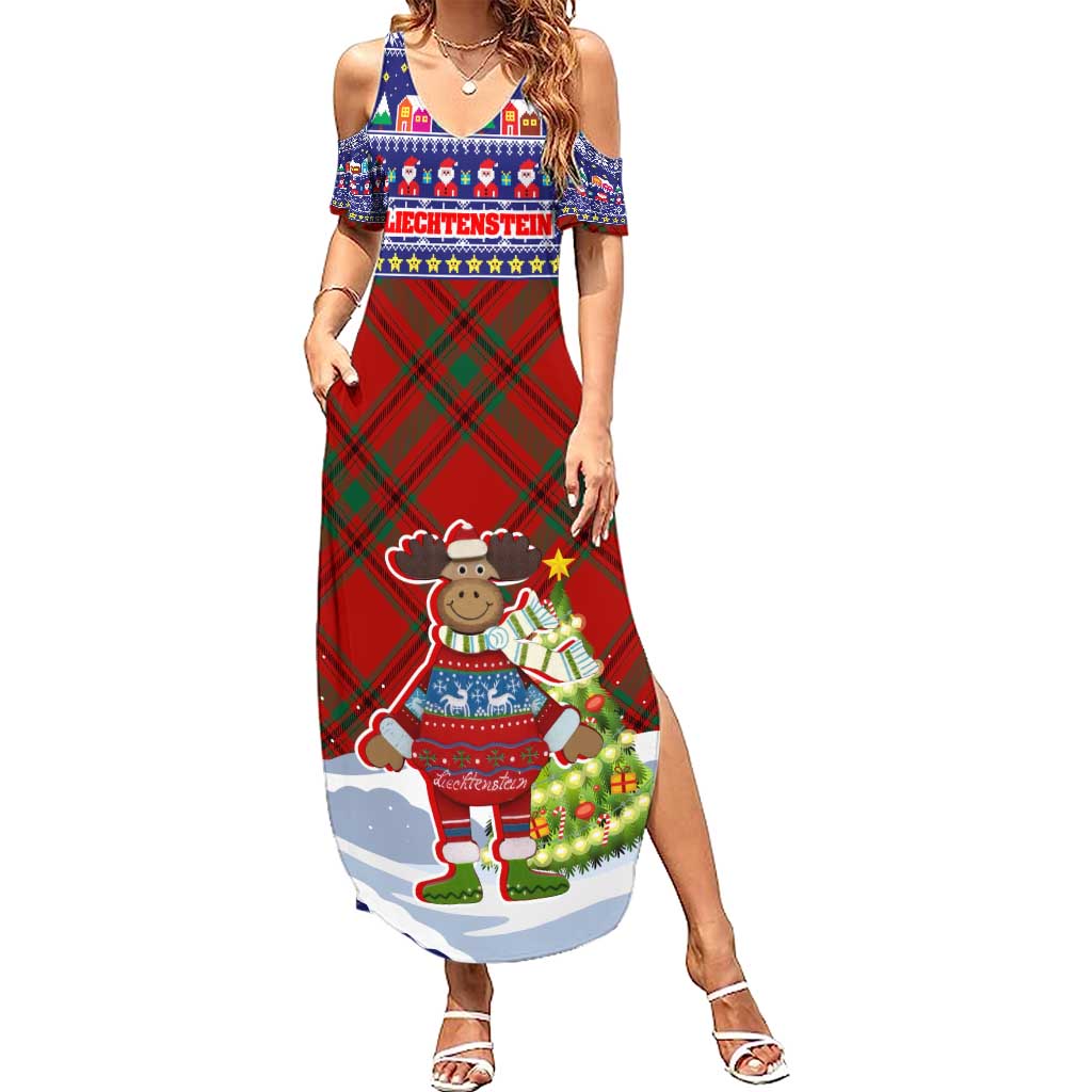 Liechtenstein Christmas Summer Maxi Dress with Reindeer Character Holiday Village and Plaid Sleeves - Wonder Print Shop