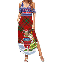 Liechtenstein Christmas Summer Maxi Dress with Reindeer Character Holiday Village and Plaid Sleeves - Wonder Print Shop