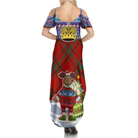 Liechtenstein Christmas Summer Maxi Dress with Reindeer Character Holiday Village and Plaid Sleeves - Wonder Print Shop