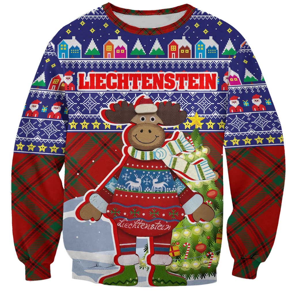 Liechtenstein Christmas Sweatshirt with Reindeer Character Holiday Village and Plaid Sleeves - Wonder Print Shop