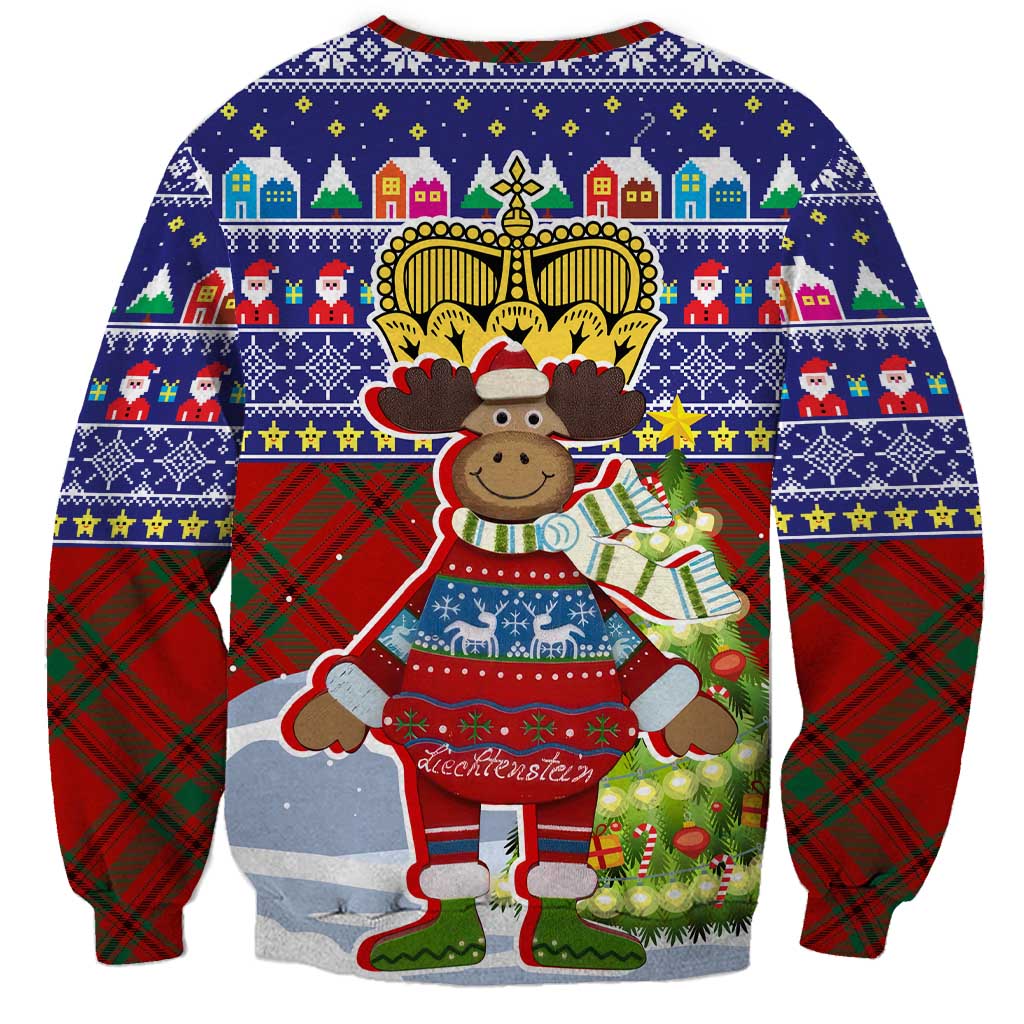Liechtenstein Christmas Sweatshirt with Reindeer Character Holiday Village and Plaid Sleeves - Wonder Print Shop
