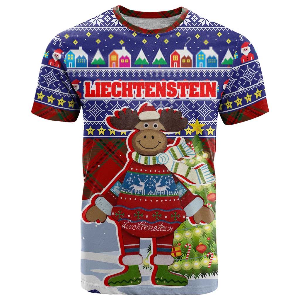 Liechtenstein Christmas T Shirt with Reindeer Character Holiday Village and Plaid Sleeves - Wonder Print Shop