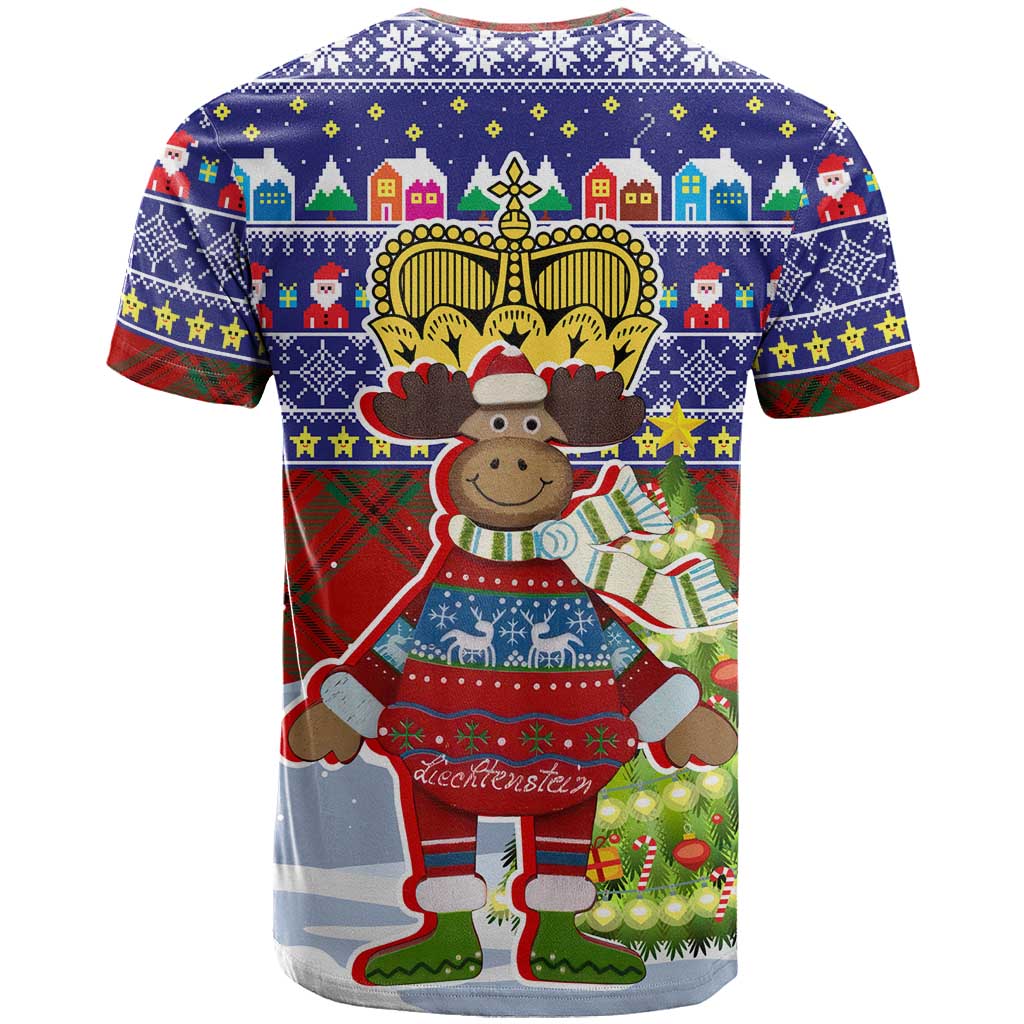 Liechtenstein Christmas T Shirt with Reindeer Character Holiday Village and Plaid Sleeves - Wonder Print Shop