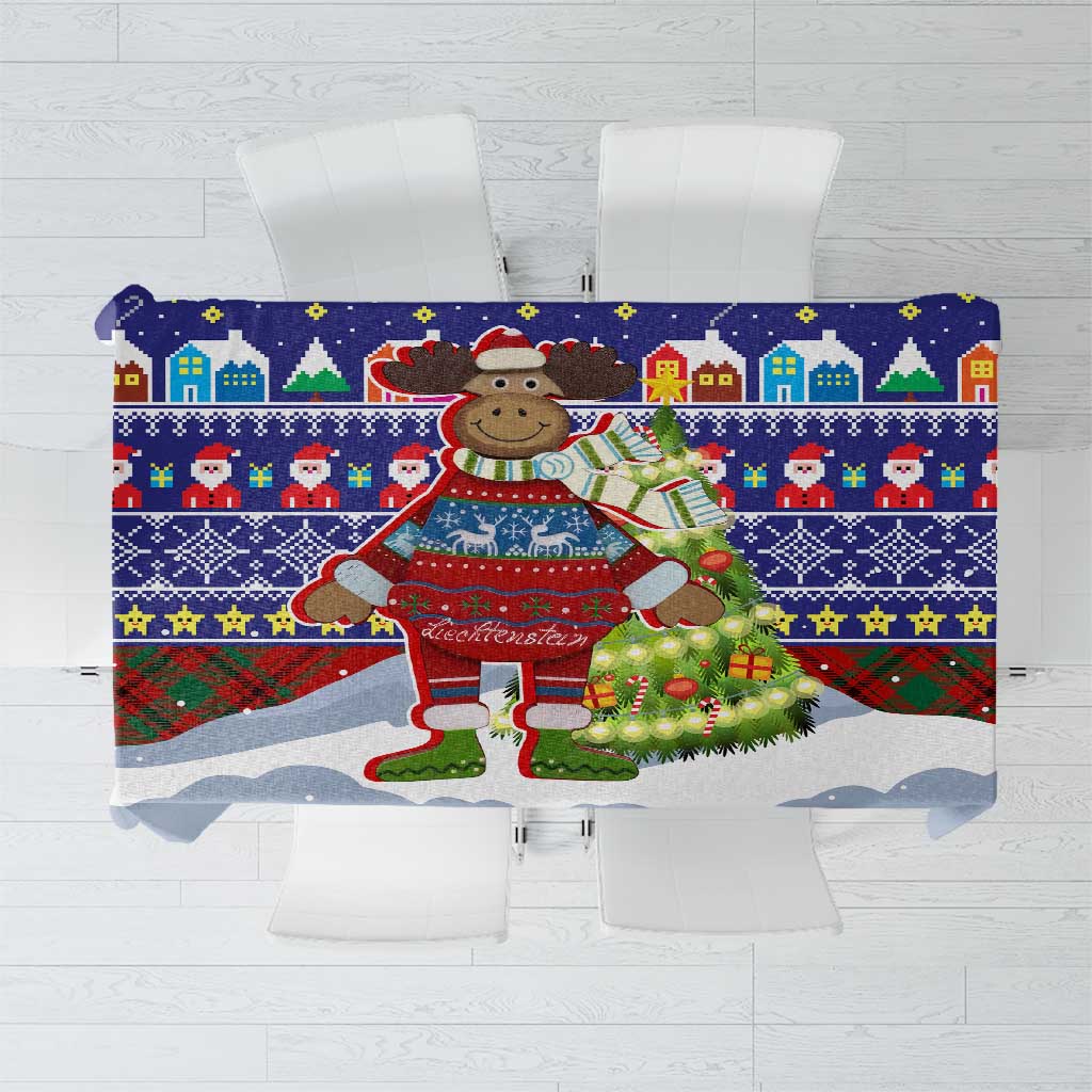 Liechtenstein Christmas Tablecloth with Reindeer Character Holiday Village and Plaid Sleeves - Wonder Print Shop