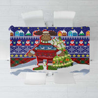 Liechtenstein Christmas Tablecloth with Reindeer Character Holiday Village and Plaid Sleeves - Wonder Print Shop