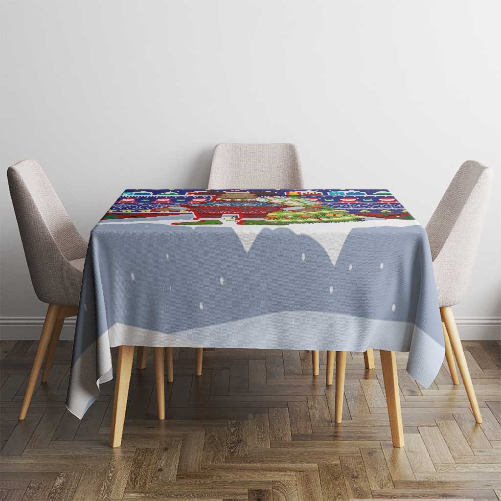 Liechtenstein Christmas Tablecloth with Reindeer Character Holiday Village and Plaid Sleeves - Wonder Print Shop
