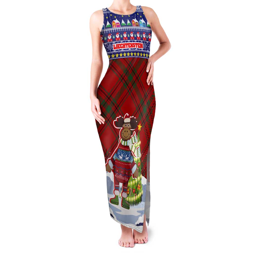 Liechtenstein Christmas Tank Maxi Dress with Reindeer Character Holiday Village and Plaid Sleeves - Wonder Print Shop