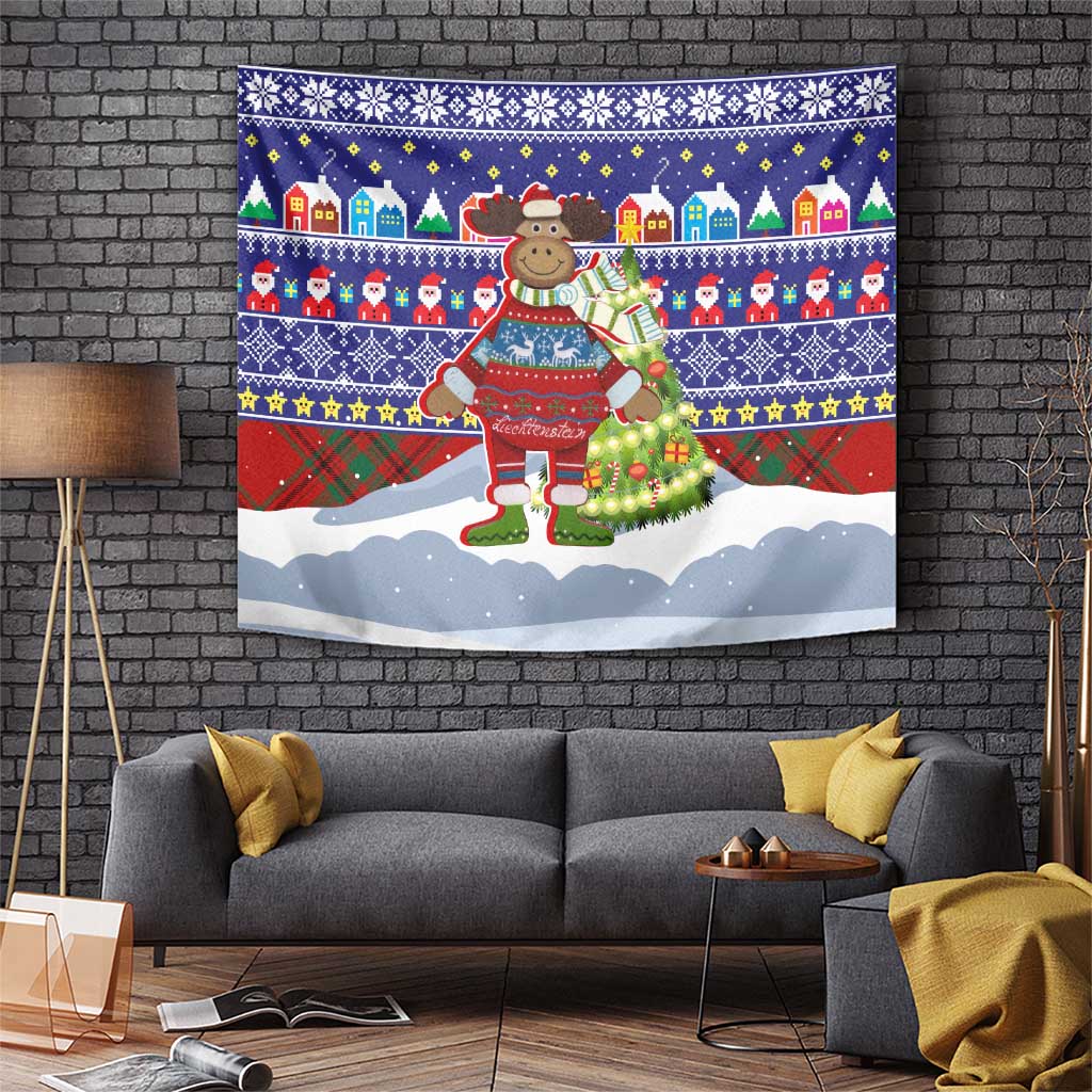 Liechtenstein Christmas Tapestry with Reindeer Character Holiday Village and Plaid Sleeves - Wonder Print Shop