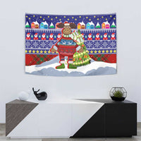 Liechtenstein Christmas Tapestry with Reindeer Character Holiday Village and Plaid Sleeves - Wonder Print Shop