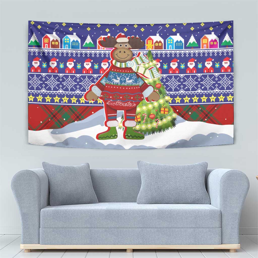 Liechtenstein Christmas Tapestry with Reindeer Character Holiday Village and Plaid Sleeves - Wonder Print Shop