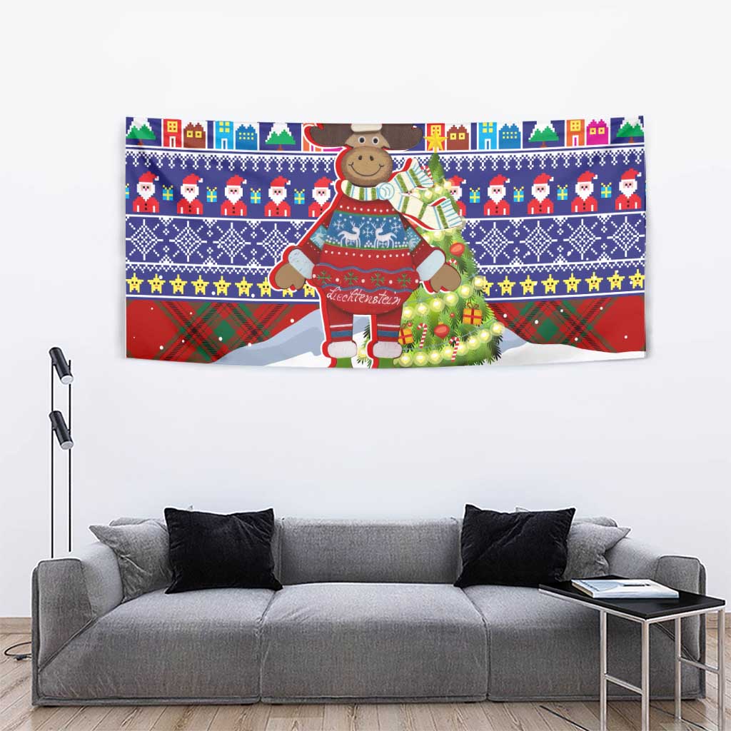 Liechtenstein Christmas Tapestry with Reindeer Character Holiday Village and Plaid Sleeves - Wonder Print Shop