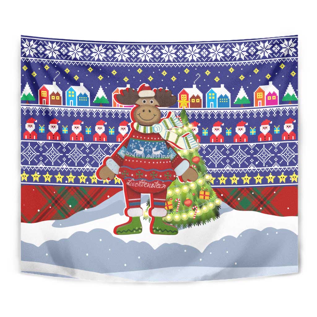 Liechtenstein Christmas Tapestry with Reindeer Character Holiday Village and Plaid Sleeves - Wonder Print Shop