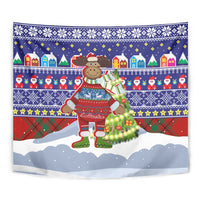 Liechtenstein Christmas Tapestry with Reindeer Character Holiday Village and Plaid Sleeves - Wonder Print Shop