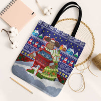 Liechtenstein Christmas Tote Bag with Reindeer Character Holiday Village and Plaid Sleeves - Wonder Print Shop