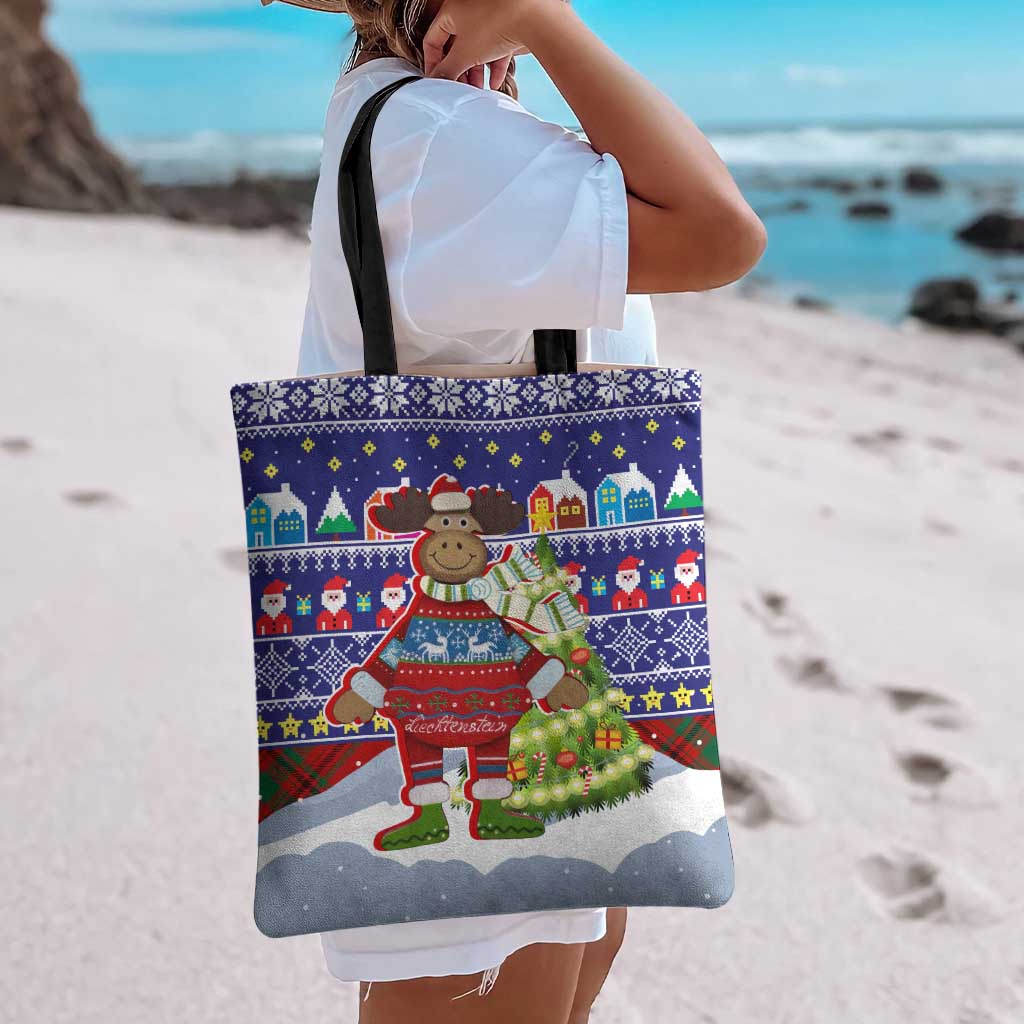 Liechtenstein Christmas Tote Bag with Reindeer Character Holiday Village and Plaid Sleeves - Wonder Print Shop