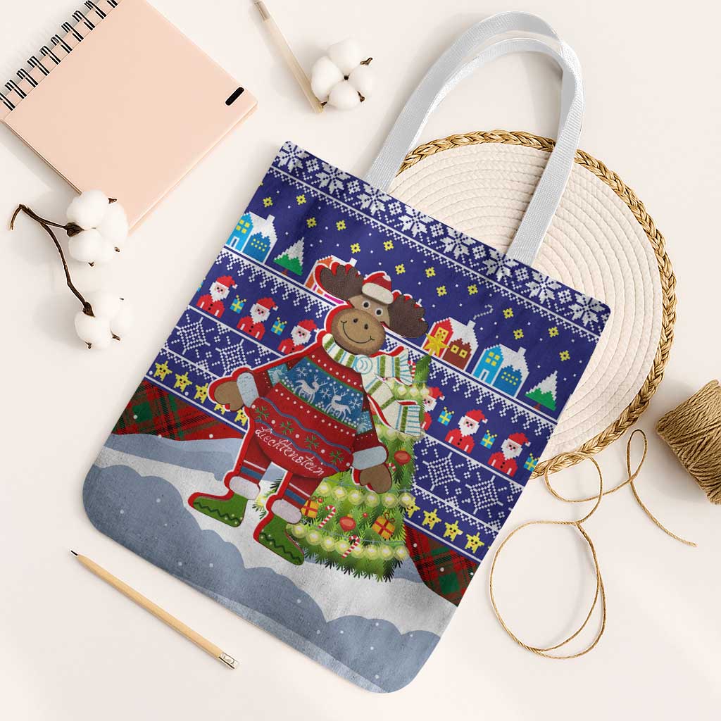 Liechtenstein Christmas Tote Bag with Reindeer Character Holiday Village and Plaid Sleeves - Wonder Print Shop