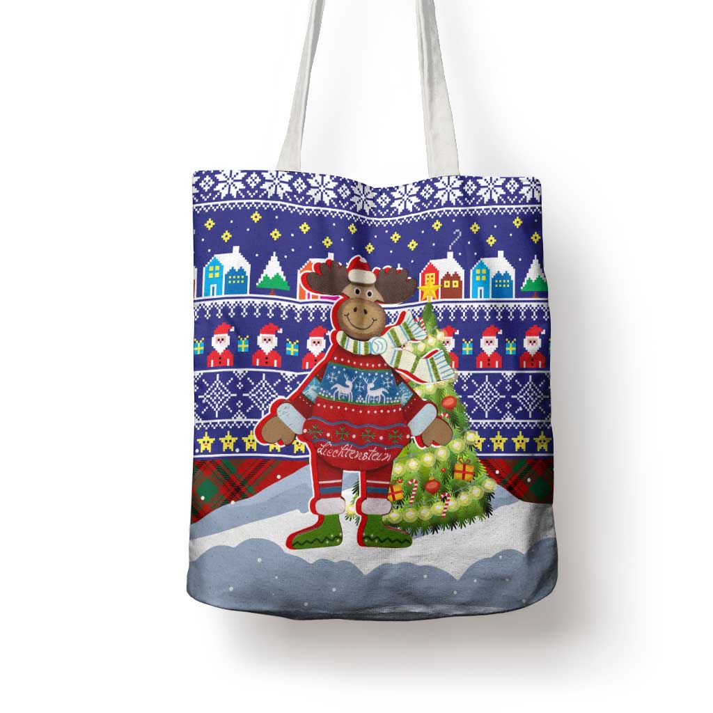 Liechtenstein Christmas Tote Bag with Reindeer Character Holiday Village and Plaid Sleeves - Wonder Print Shop