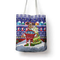 Liechtenstein Christmas Tote Bag with Reindeer Character Holiday Village and Plaid Sleeves - Wonder Print Shop