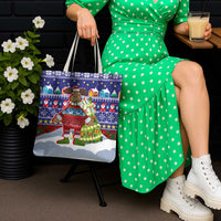 Liechtenstein Christmas Tote Bag with Reindeer Character Holiday Village and Plaid Sleeves - Wonder Print Shop