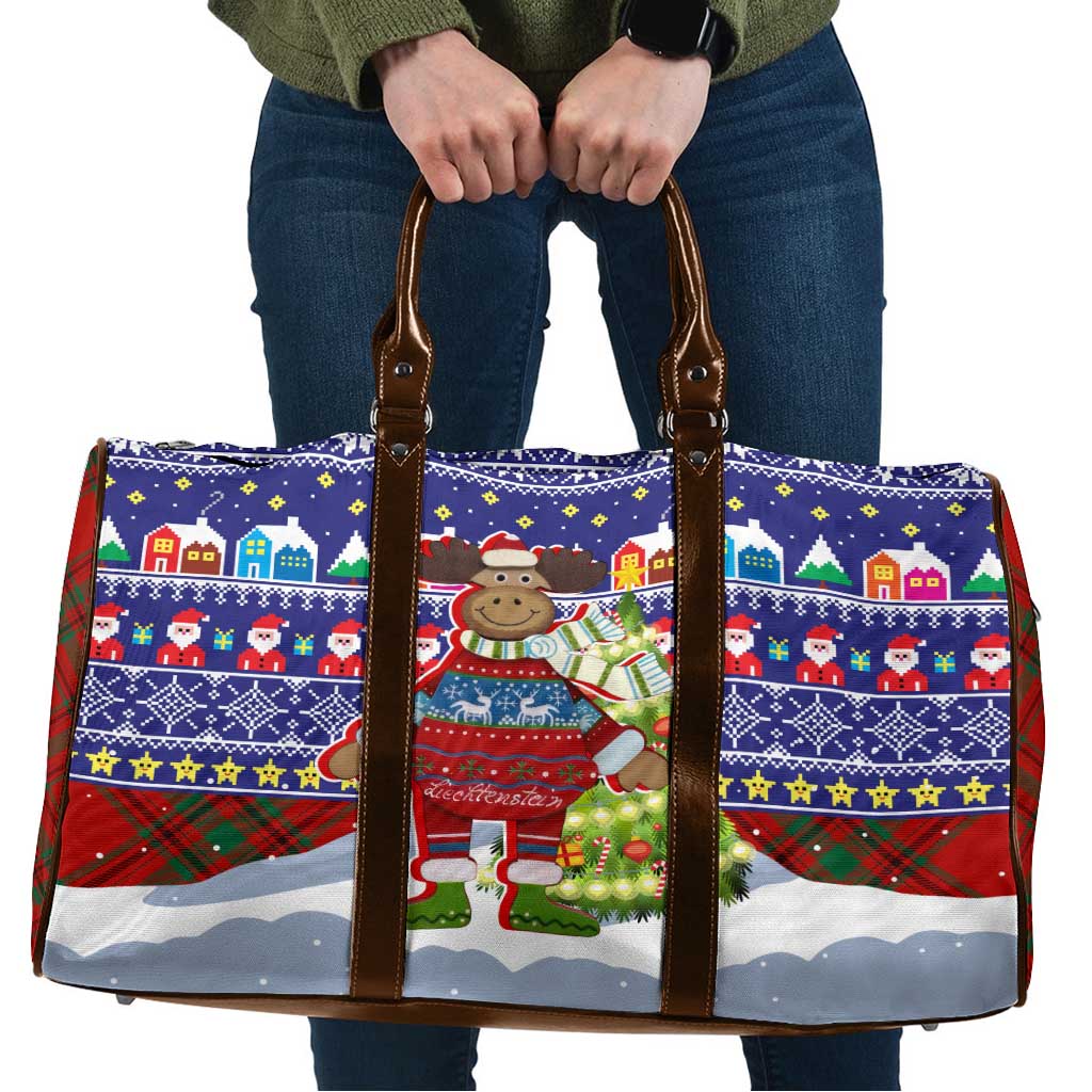 Liechtenstein Christmas Travel Bag with Reindeer Character Holiday Village and Plaid Sleeves - Wonder Print Shop