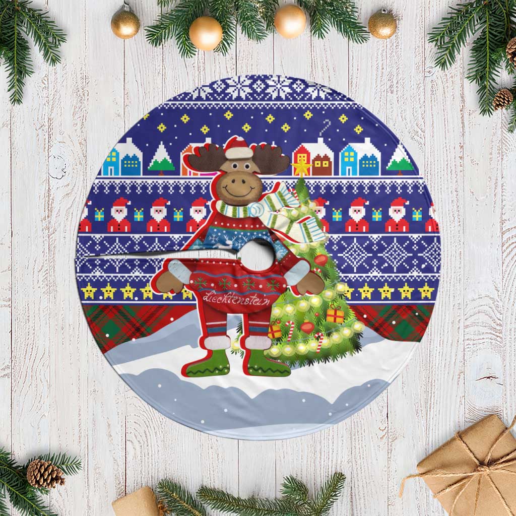 Liechtenstein Christmas Tree Skirt with Reindeer Character Holiday Village and Plaid Sleeves - Wonder Print Shop