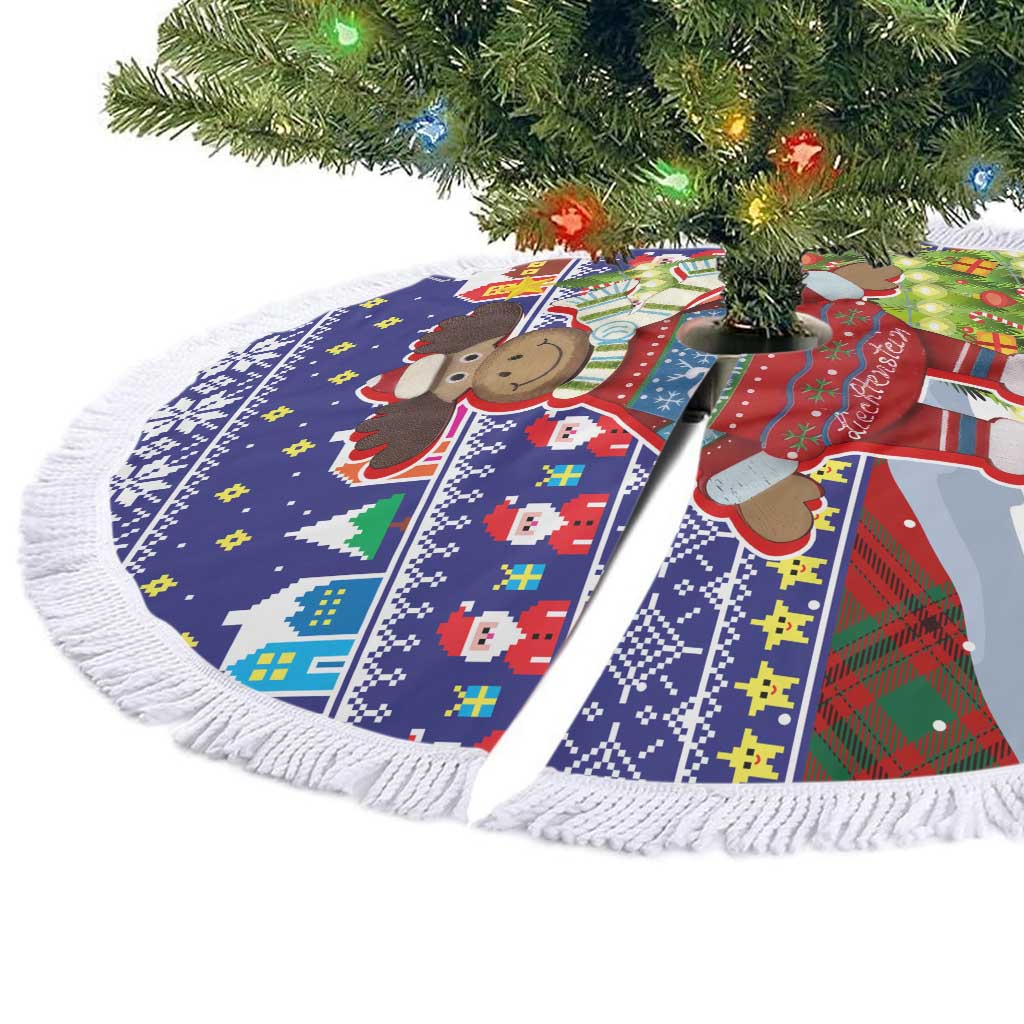 Liechtenstein Christmas Tree Skirt with Reindeer Character Holiday Village and Plaid Sleeves - Wonder Print Shop