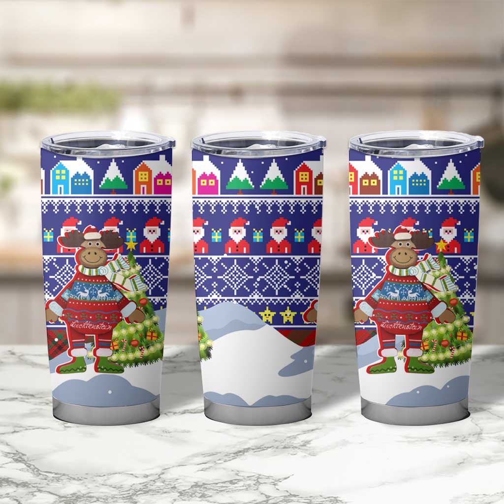 Liechtenstein Christmas Tumbler Cup with Reindeer Character Holiday Village and Plaid Sleeves - Wonder Print Shop