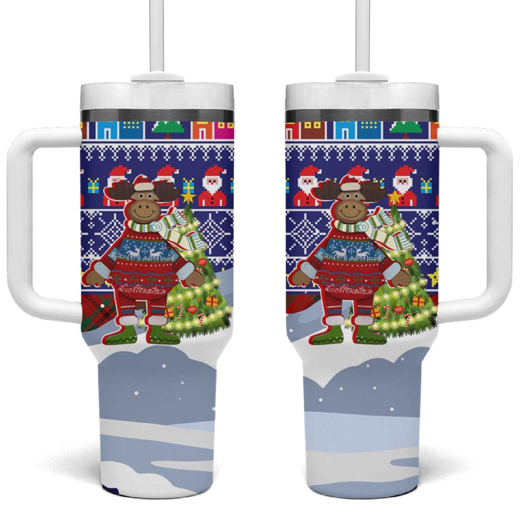 Liechtenstein Christmas Tumbler With Handle with Reindeer Character Holiday Village and Plaid Sleeves - Wonder Print Shop
