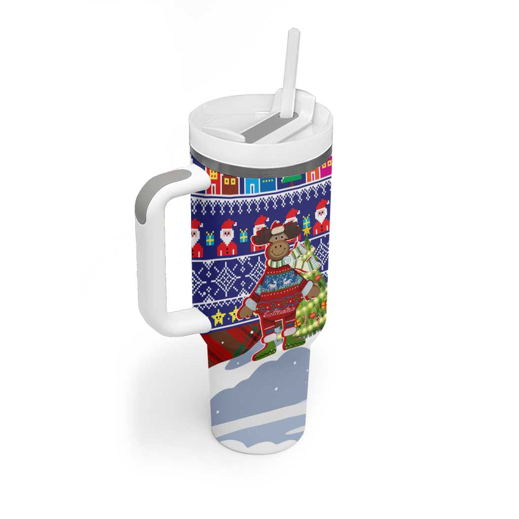 Liechtenstein Christmas Tumbler With Handle with Reindeer Character Holiday Village and Plaid Sleeves - Wonder Print Shop