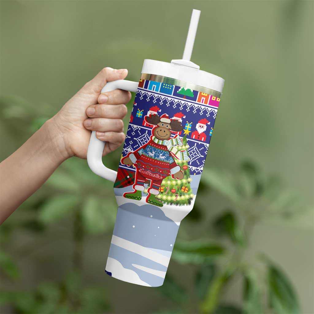 Liechtenstein Christmas Tumbler With Handle with Reindeer Character Holiday Village and Plaid Sleeves - Wonder Print Shop