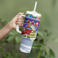 Liechtenstein Christmas Tumbler With Handle with Reindeer Character Holiday Village and Plaid Sleeves - Wonder Print Shop