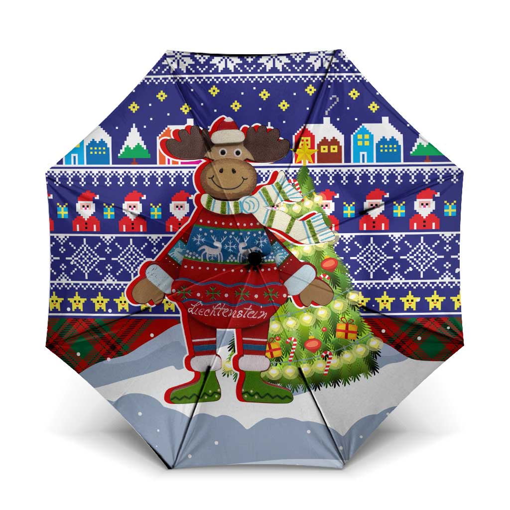 Liechtenstein Christmas Umbrella with Reindeer Character Holiday Village and Plaid Sleeves - Wonder Print Shop