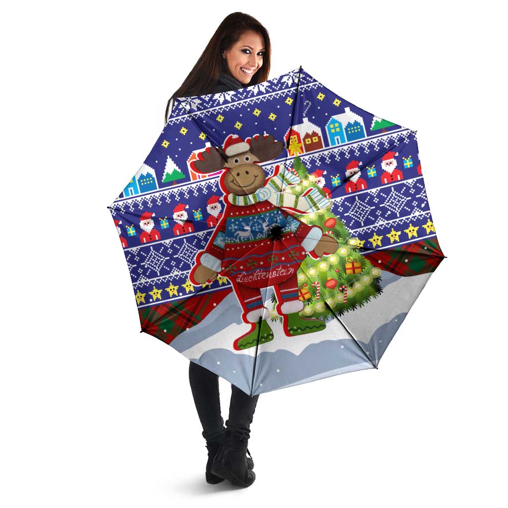Liechtenstein Christmas Umbrella with Reindeer Character Holiday Village and Plaid Sleeves - Wonder Print Shop