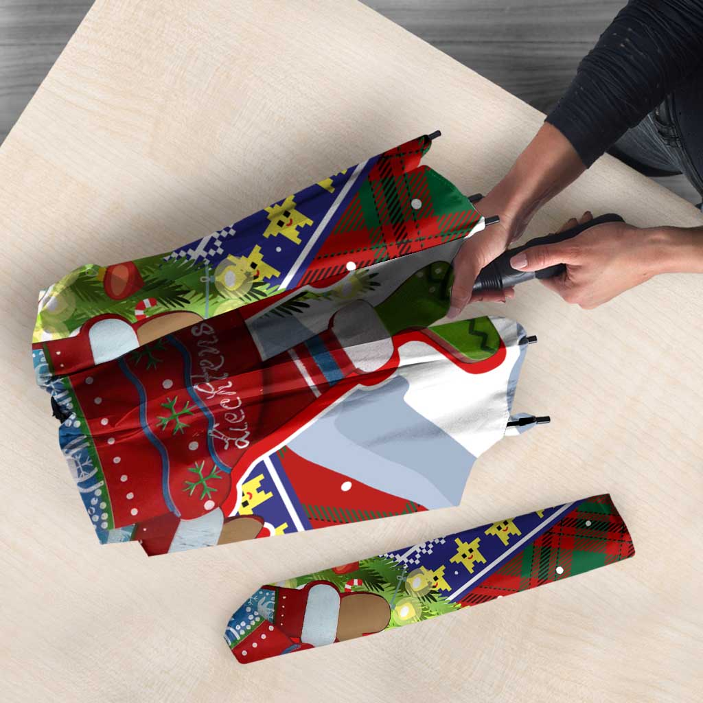 Liechtenstein Christmas Umbrella with Reindeer Character Holiday Village and Plaid Sleeves - Wonder Print Shop