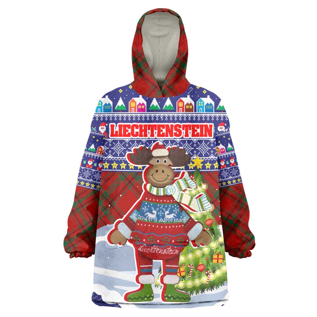 Liechtenstein Christmas Wearable Blanket Hoodie with Reindeer Character Holiday Village and Plaid Sleeves - Wonder Print Shop