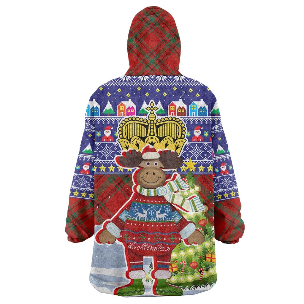 Liechtenstein Christmas Wearable Blanket Hoodie with Reindeer Character Holiday Village and Plaid Sleeves - Wonder Print Shop