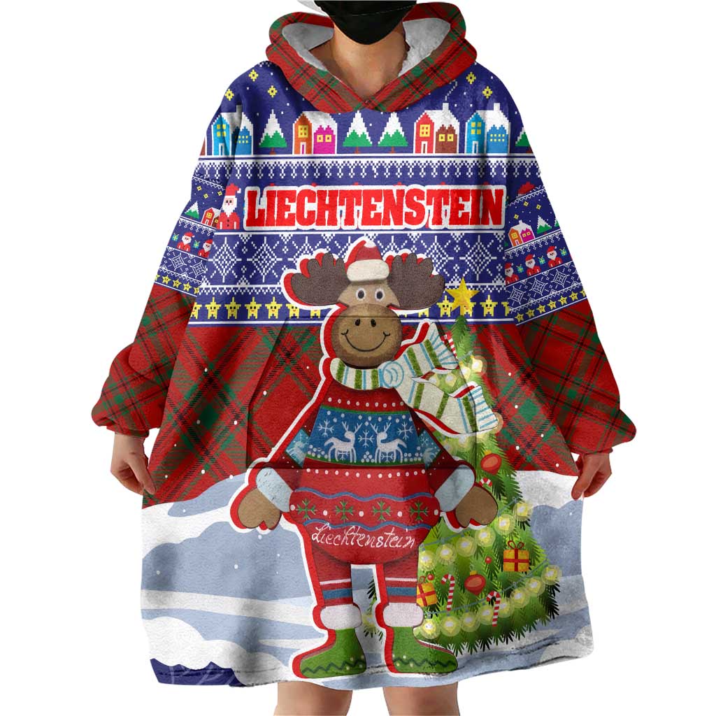 Liechtenstein Christmas Wearable Blanket Hoodie with Reindeer Character Holiday Village and Plaid Sleeves - Wonder Print Shop