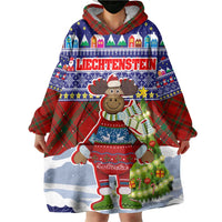 Liechtenstein Christmas Wearable Blanket Hoodie with Reindeer Character Holiday Village and Plaid Sleeves - Wonder Print Shop