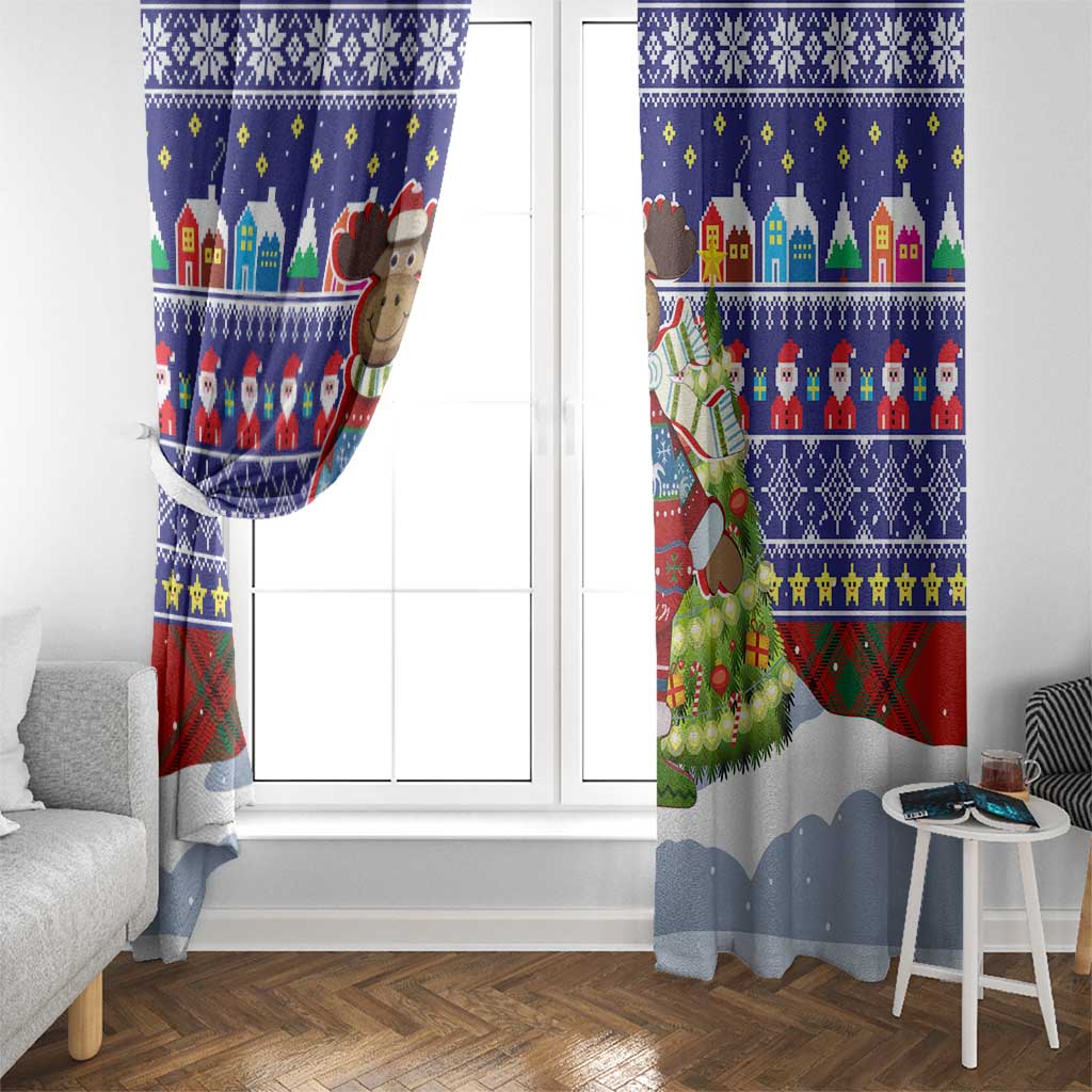 Liechtenstein Christmas Window Curtain with Reindeer Character Holiday Village and Plaid Sleeves - Wonder Print Shop