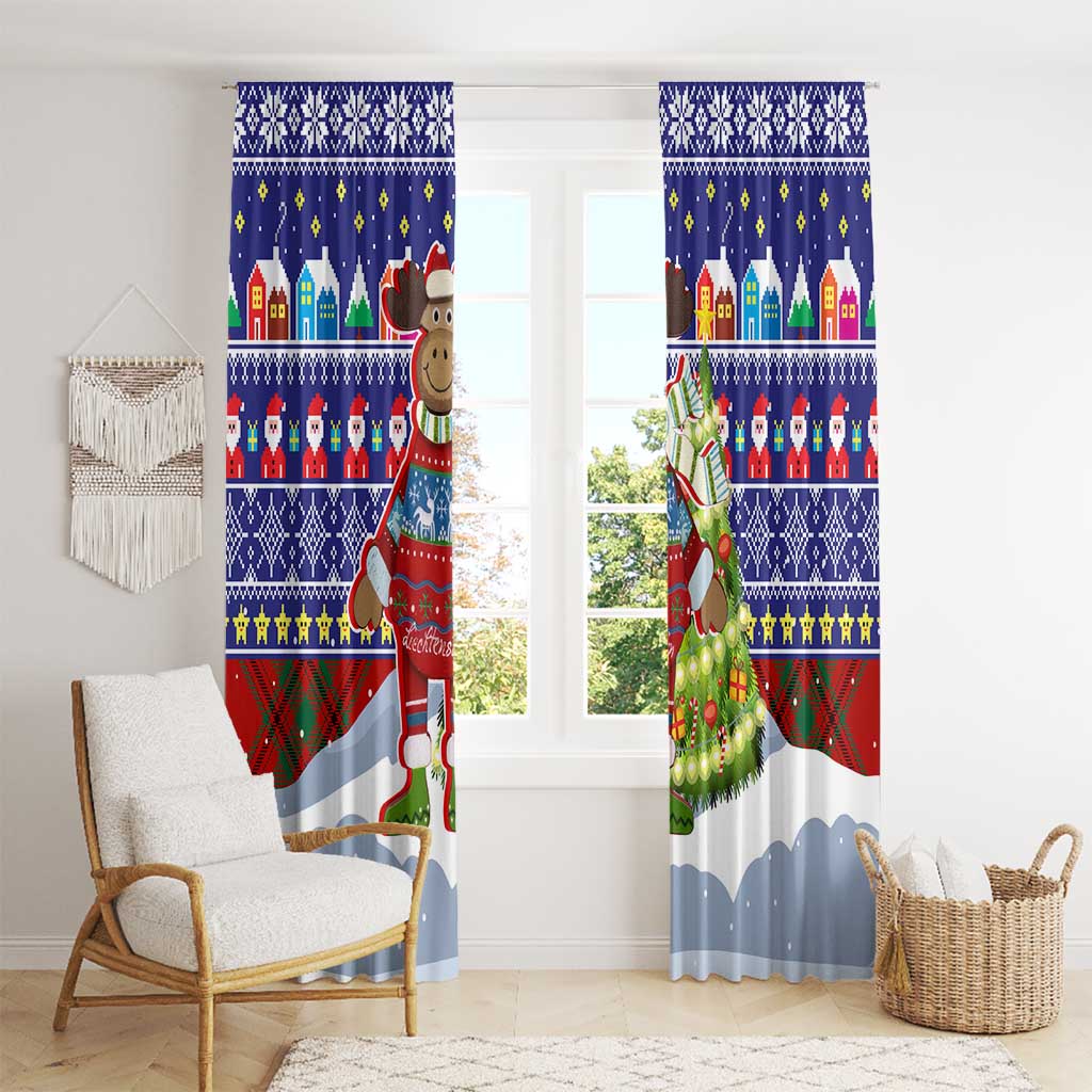 Liechtenstein Christmas Window Curtain with Reindeer Character Holiday Village and Plaid Sleeves - Wonder Print Shop