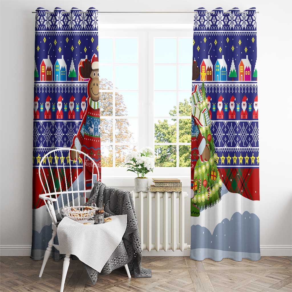 Liechtenstein Christmas Window Curtain with Reindeer Character Holiday Village and Plaid Sleeves - Wonder Print Shop