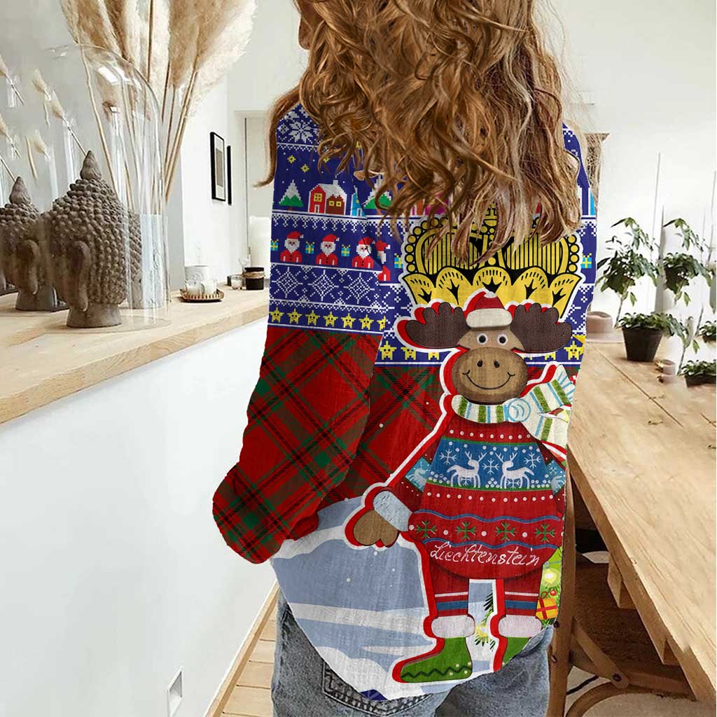 Liechtenstein Christmas Women Casual Shirt with Reindeer Character Holiday Village and Plaid Sleeves - Wonder Print Shop