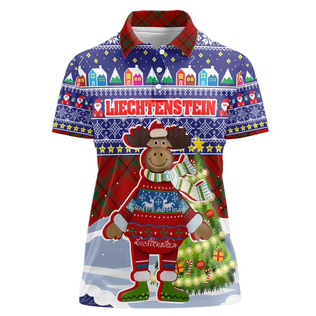 Liechtenstein Christmas Women Polo Shirt with Reindeer Character Holiday Village and Plaid Sleeves - Wonder Print Shop