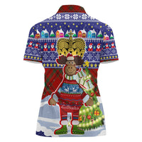 Liechtenstein Christmas Women Polo Shirt with Reindeer Character Holiday Village and Plaid Sleeves - Wonder Print Shop