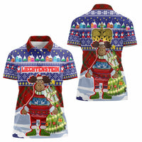 Liechtenstein Christmas Women Polo Shirt with Reindeer Character Holiday Village and Plaid Sleeves - Wonder Print Shop