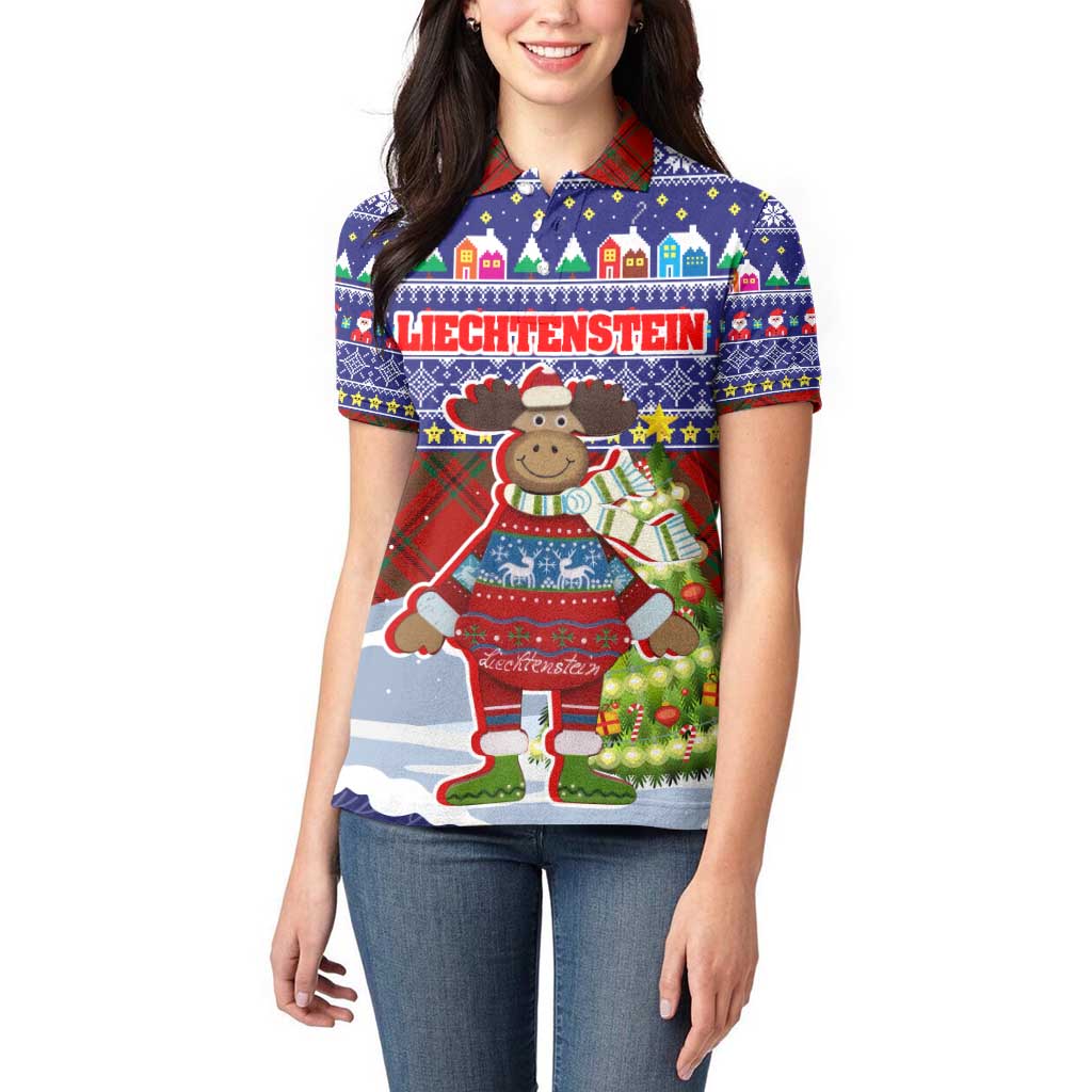 Liechtenstein Christmas Women Polo Shirt with Reindeer Character Holiday Village and Plaid Sleeves - Wonder Print Shop
