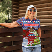 Liechtenstein Christmas Women Polo Shirt with Reindeer Character Holiday Village and Plaid Sleeves - Wonder Print Shop