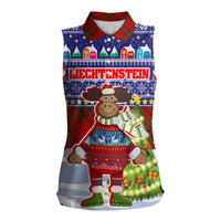 Liechtenstein Christmas Women Sleeveless Polo Shirt with Reindeer Character Holiday Village and Plaid Sleeves - Wonder Print Shop