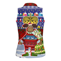 Liechtenstein Christmas Women Sleeveless Polo Shirt with Reindeer Character Holiday Village and Plaid Sleeves - Wonder Print Shop