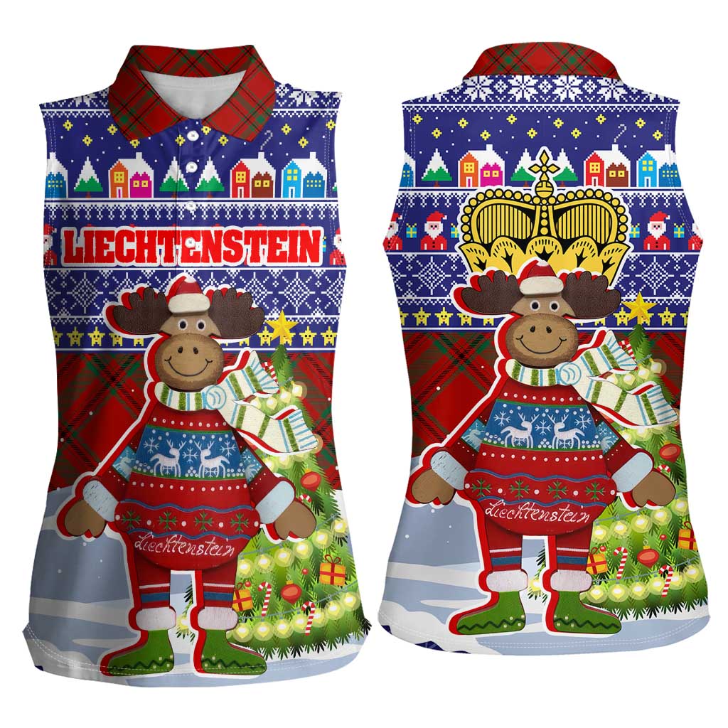 Liechtenstein Christmas Women Sleeveless Polo Shirt with Reindeer Character Holiday Village and Plaid Sleeves - Wonder Print Shop
